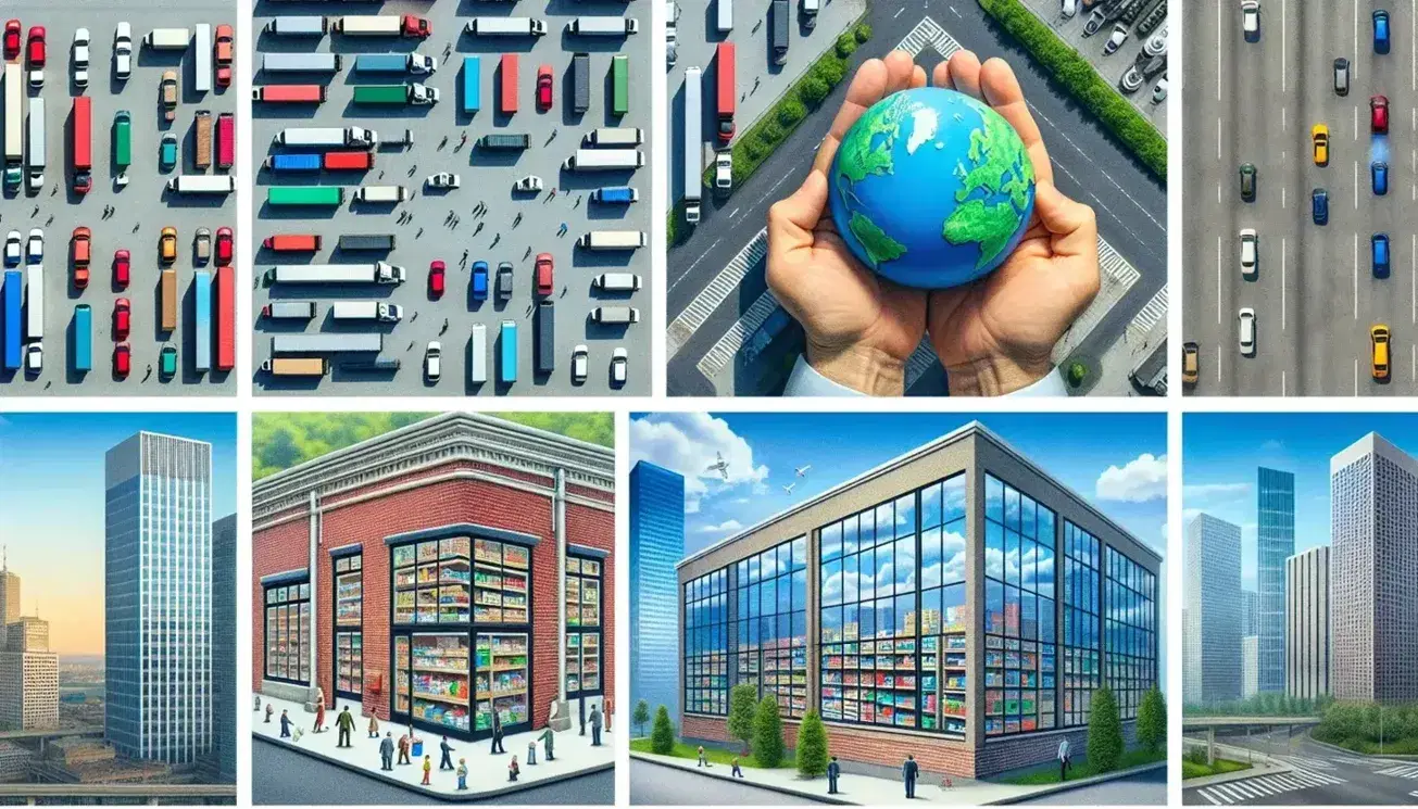 Collage de negocios con vista aérea de edificios industriales, tienda de ladrillos rojos, manos sosteniendo un globo y rascacielos reflejando el cielo.