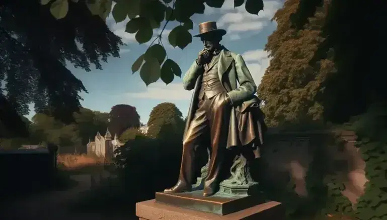 Estatua de bronce de hombre pensativo con traje y sombrero, apoyado en su barbilla, sobre pedestal de piedra en parque soleado con árboles y cielo azul.