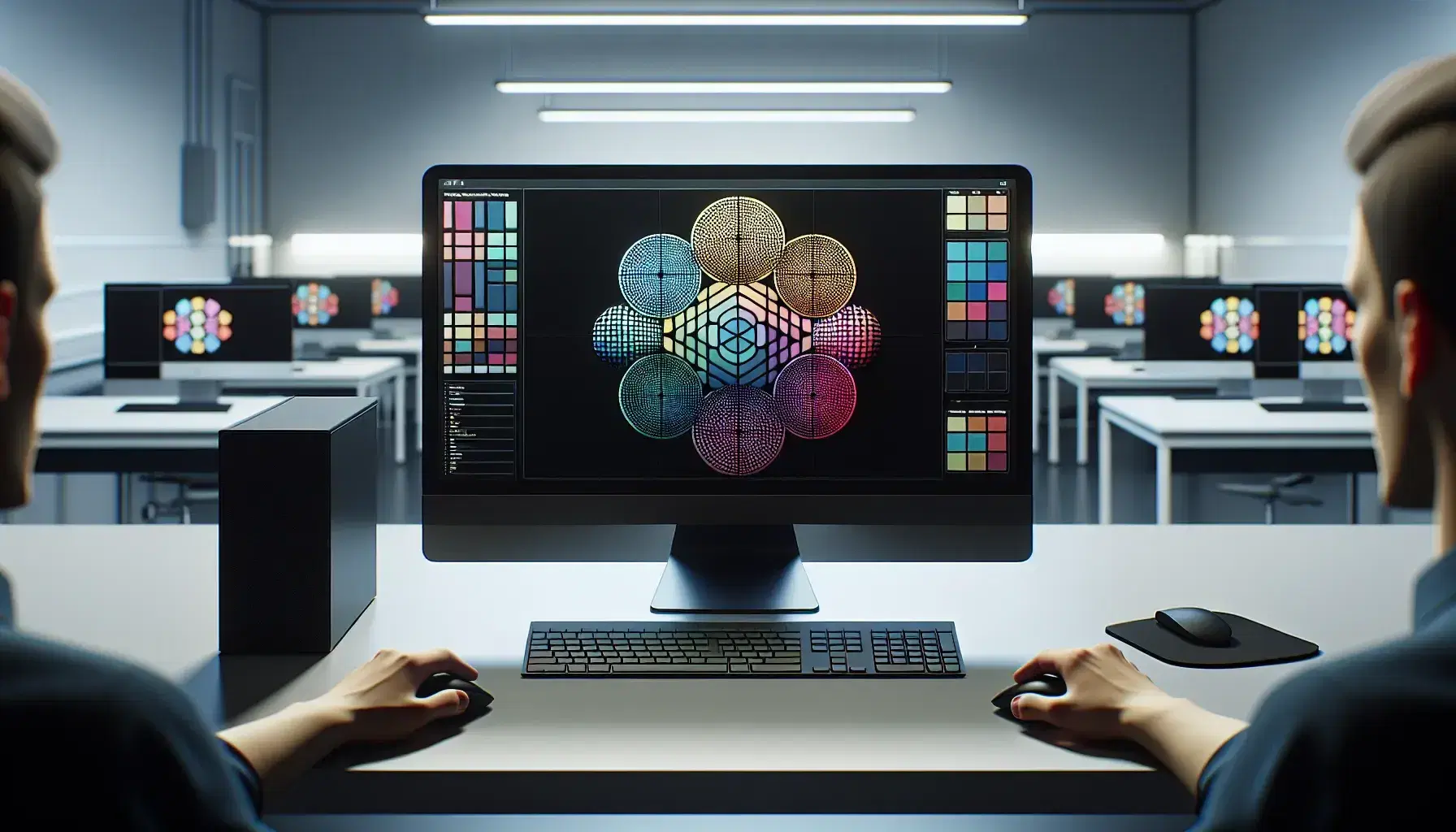 Modern computer lab with computers and monitors showing colorful geometric shapes, relaxed hands on mouse and keyboard.