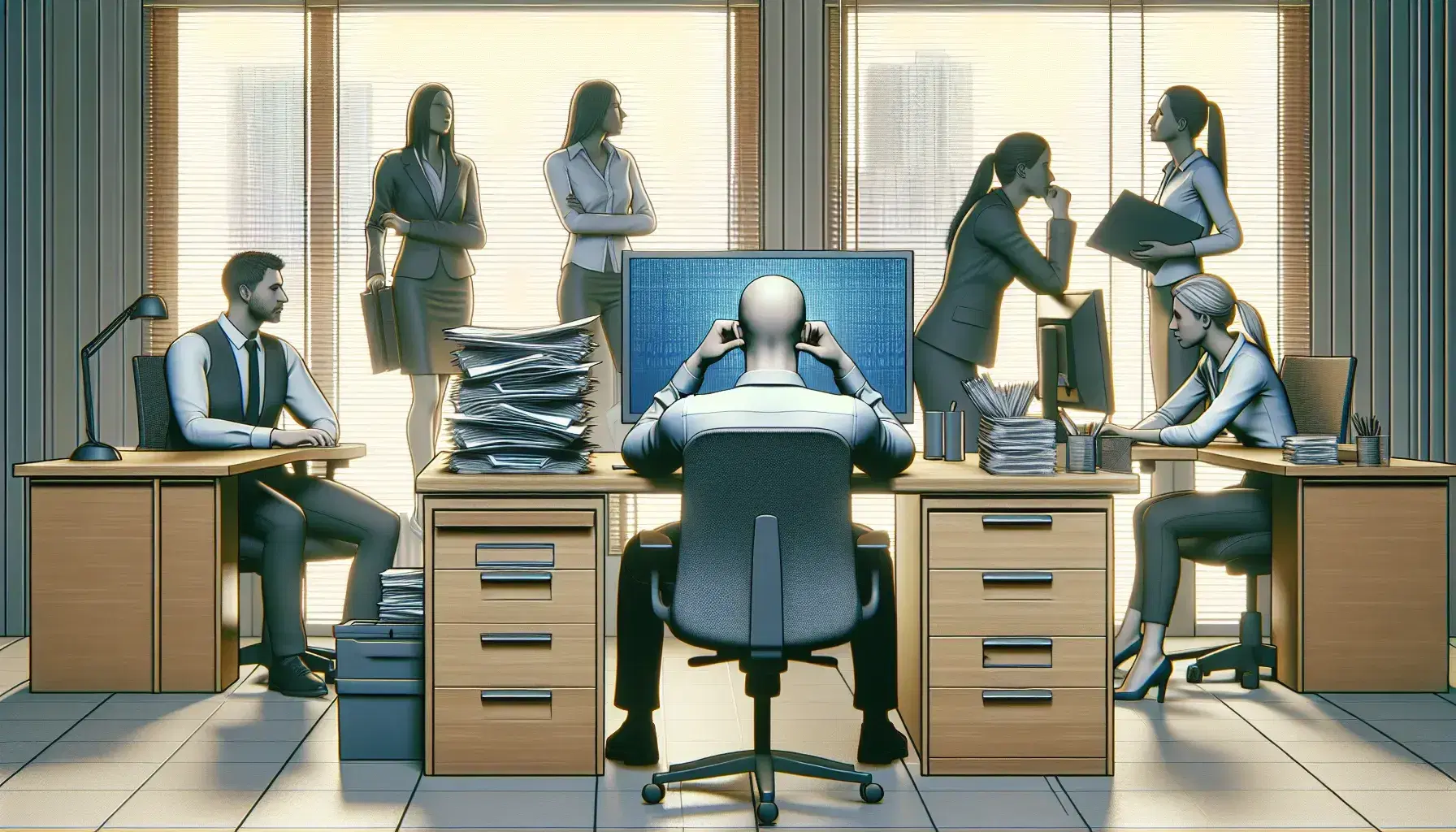 Grupo de cinco profesionales en oficina con uno trabajando en computadora, otros dos conversando, uno reflexionando y otro archivando documentos.