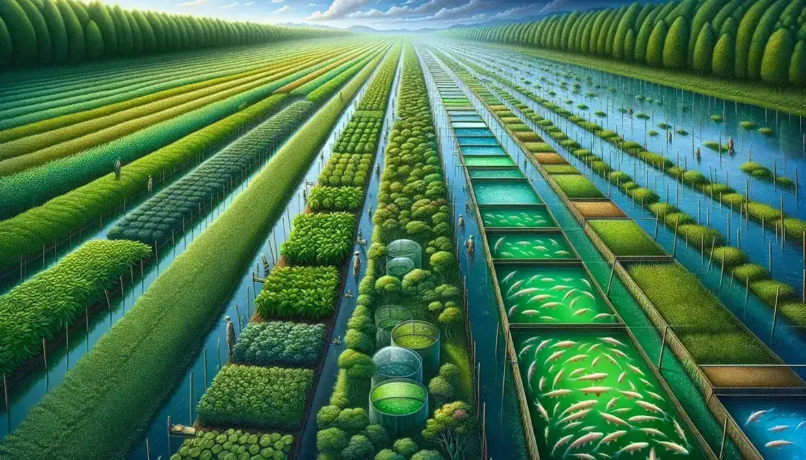 Lush green agricultural field with rows of crops beside a calm fish farm, a man tending to plants and a woman feeding fish under a clear blue sky.