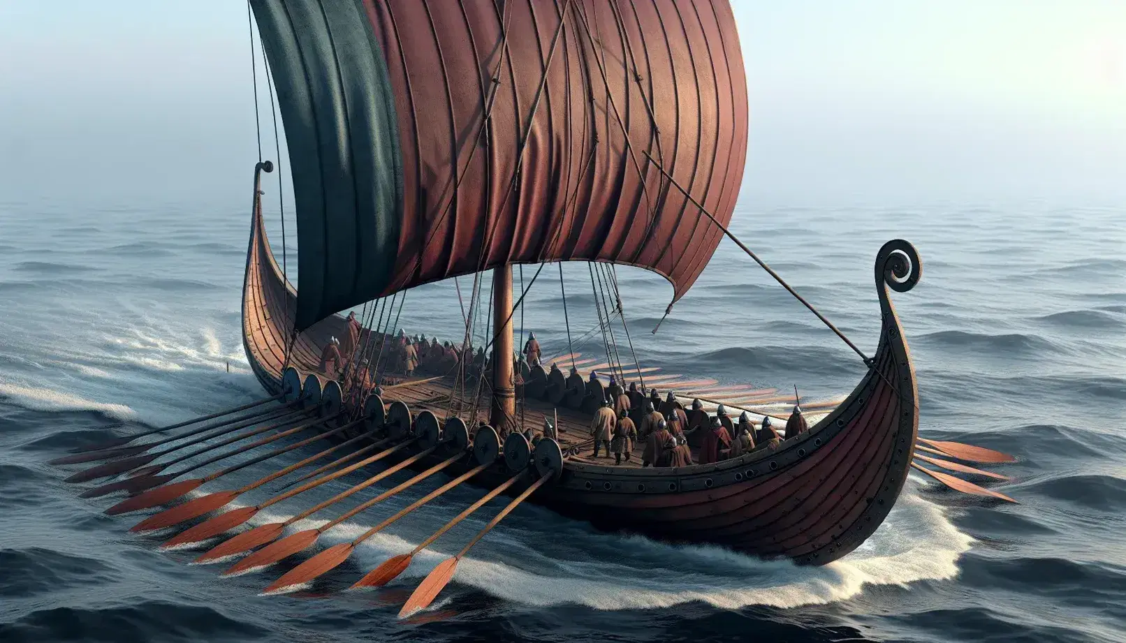 Viking longship at sea with dark brown hull, red square sail, and crew with oars in motion, under a clear pale blue sky, evoking Norse seafaring heritage.