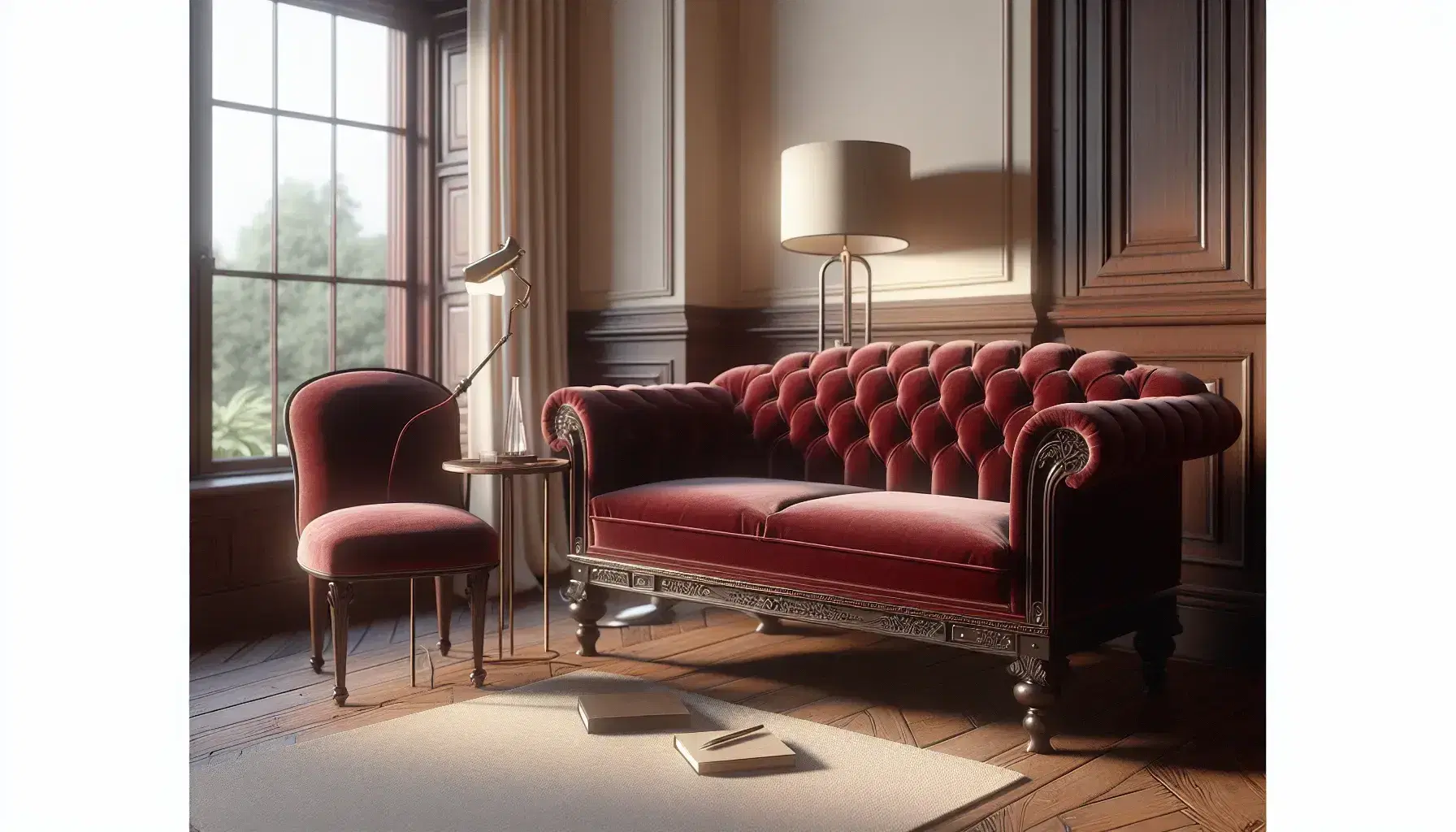 Sofá de terapia estilo victoriano en terciopelo rojo oscuro con silla a juego, mesa redonda, lámpara y ventana con vista al jardín en una habitación iluminada naturalmente.