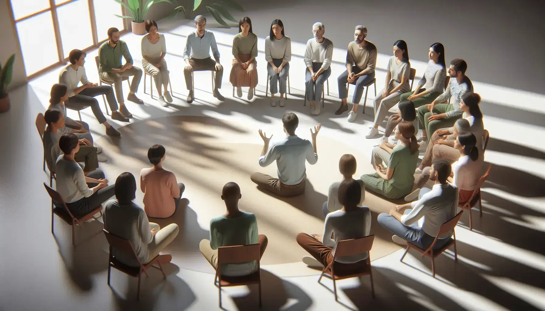 Grupo diverso de personas sentadas en semicírculo escuchando a un orador de pie en un entorno iluminado naturalmente, posiblemente al aire libre.