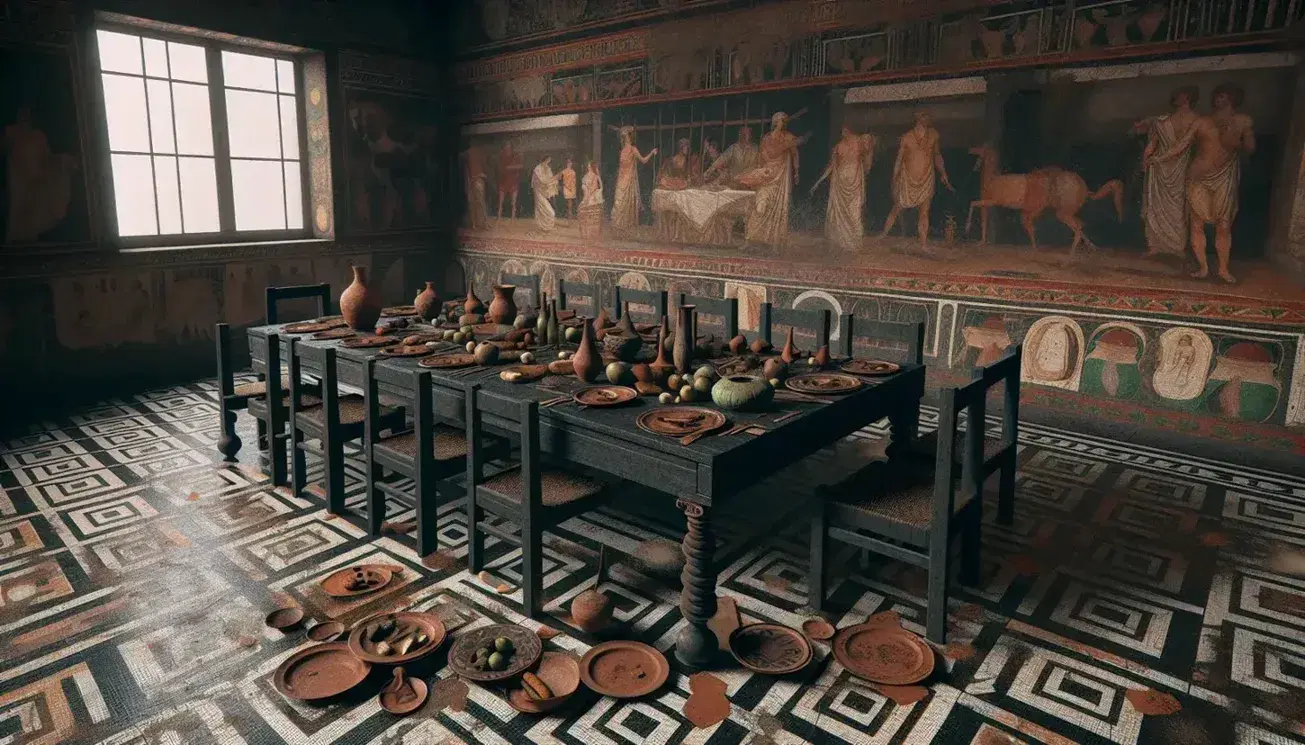 Tavolo romano antico con stoviglie in terracotta e bronzo, sedie disordinate e mosaico sul pavimento, freschi sulle pareti.