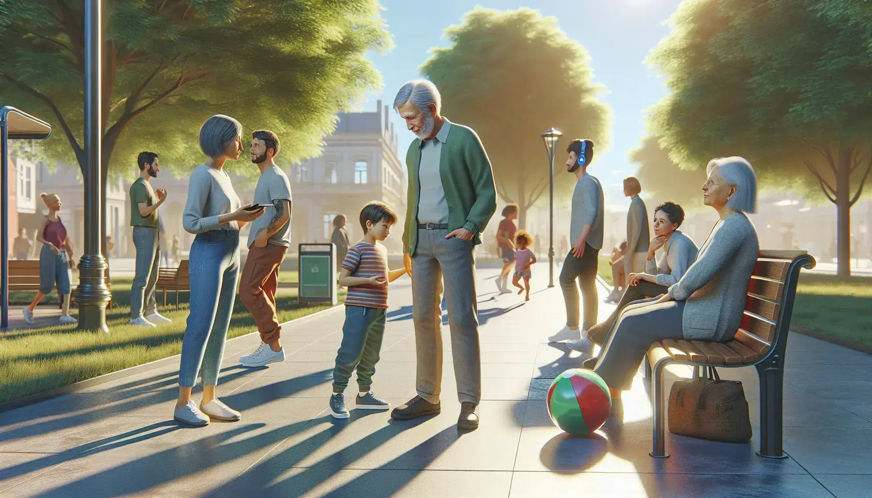Grupo diverso de personas en un parque disfrutando de un día soleado, con un hombre mayor conversando con una joven, un niño jugando con un balón y un adolescente con auriculares usando un dispositivo electrónico.