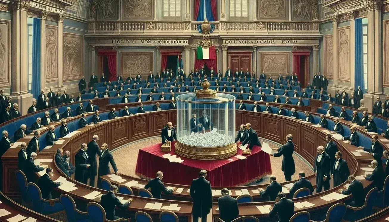 Urna trasparente per votazione con deputati in Aula di Montecitorio durante elezione Presidente della Repubblica, arredi solenni e bandiera italiana.