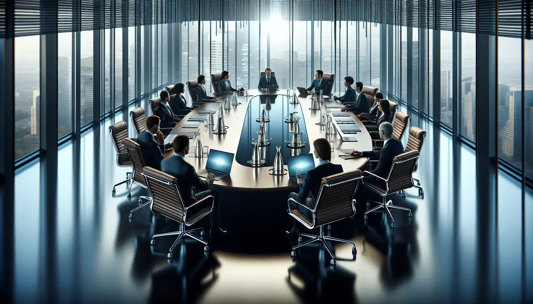 Modern corporate boardroom with a large wooden table, high-back leather chairs, diverse professionals, laptops, and a city skyline view through floor-to-ceiling windows.