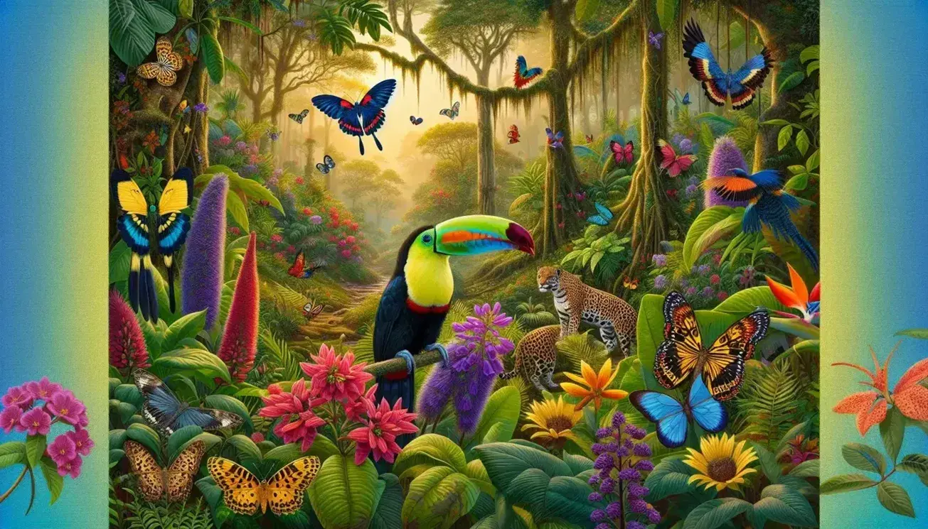 Mariposas coloridas sobre flores, tucán en rama y jaguar camuflado en selva tropical colombiana, con juego de luz y sombra.