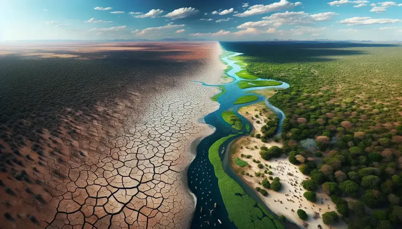 Paesaggio diviso tra terra arida con crepe e fiume sinuoso con rive verdi e vita, sotto cielo azzurro.