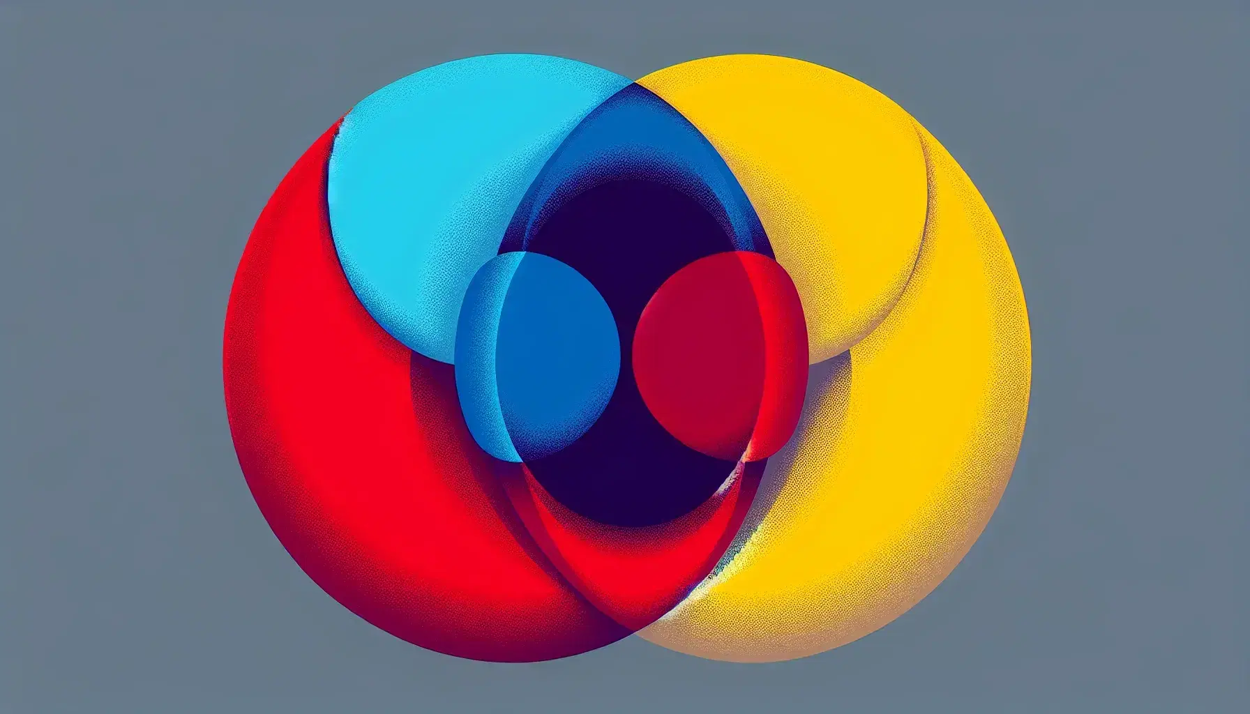 Three overlapping circles in red, blue and yellow on a light gray background with intersecting areas creating purple, green and orange, and brown in the center.
