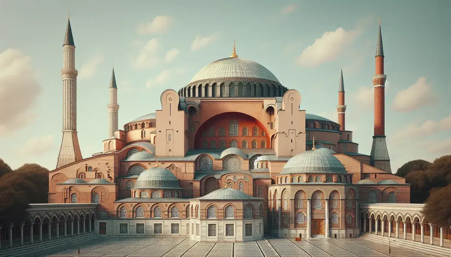 Vista parcial de la Hagia Sophia con su cúpula gris y minaretes contra un cielo azul claro, destacando la arquitectura bizantina y su fachada de ladrillos rojizos.