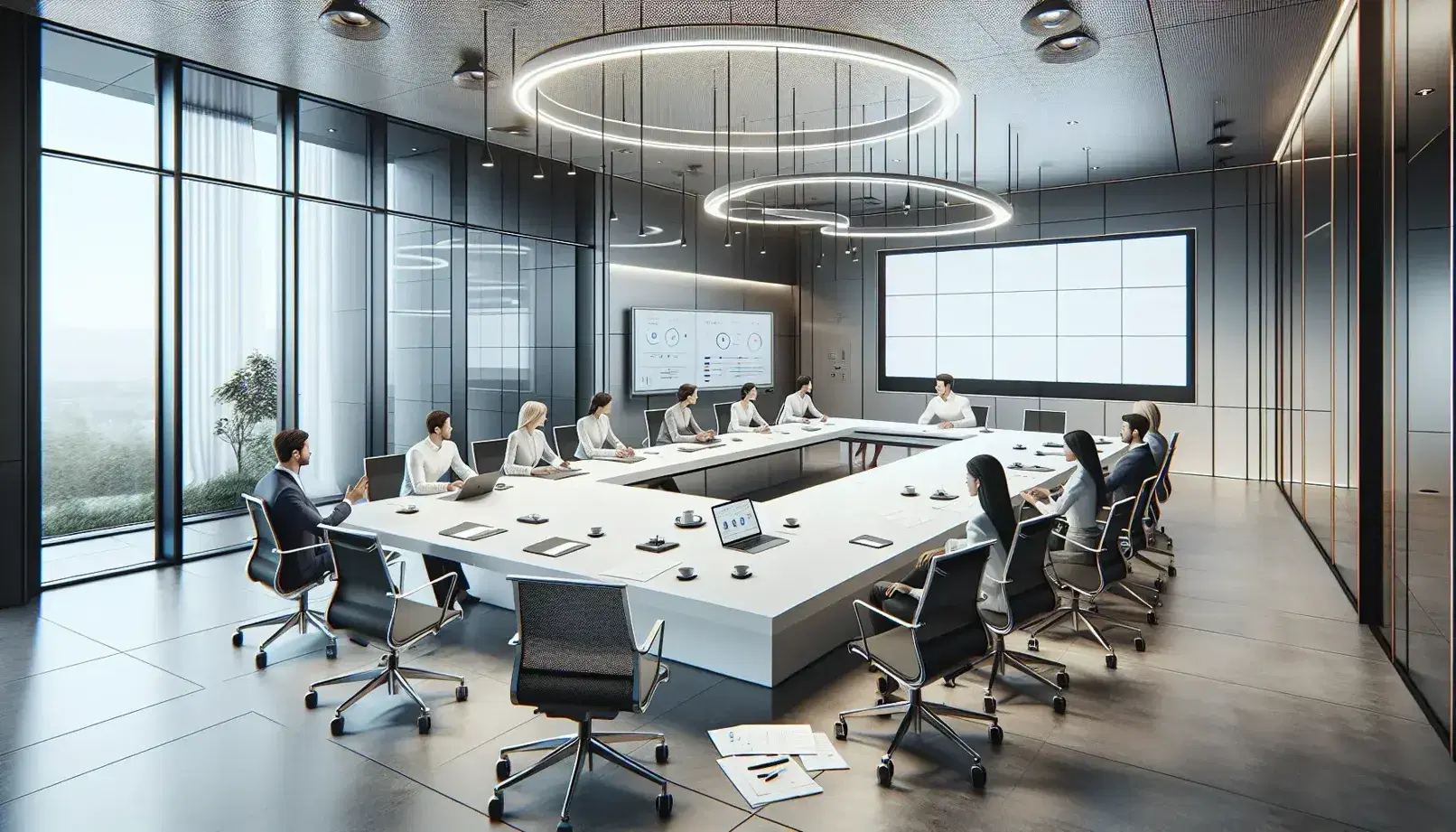 Reunión de equipo diverso en sala de conferencias moderna con mesa blanca, sillas ergonómicas y pantalla de proyección.