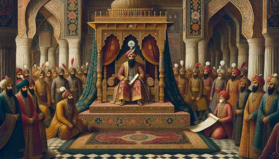 Mughal emperor seated on ornate throne in court with historian and courtiers, surrounded by detailed tapestries and polished stone floor.