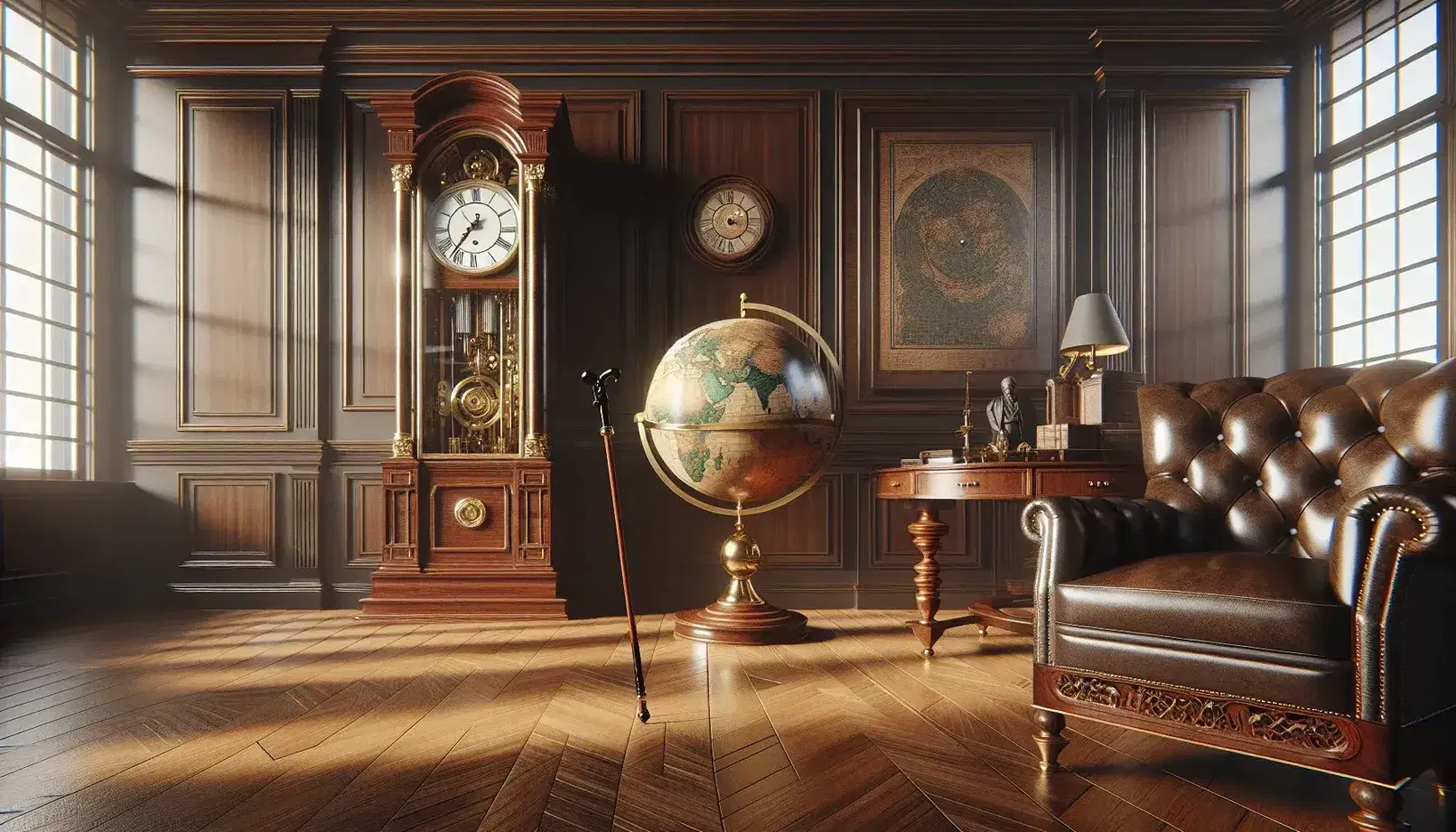 Orologio a pendolo in mogano con meccanismo visibile, bastone da passeggio scuro, globo terrestre su tavolo rotondo e poltrona in pelle marrone in una stanza con pannelli in legno.