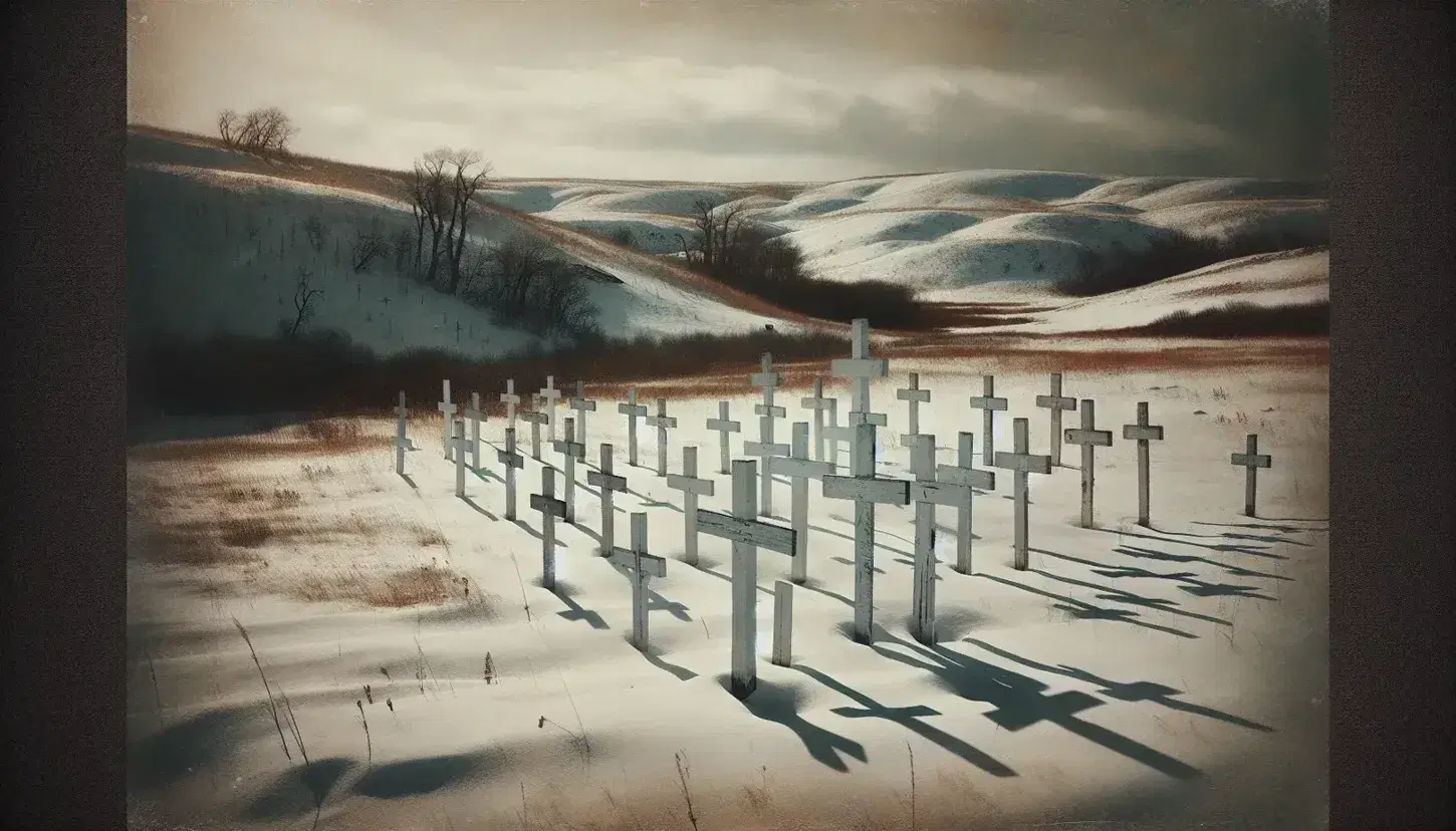 Winter landscape with white wooden crosses in a snowy burial ground, long shadows cast by a low sun, and bare trees against an overcast sky.