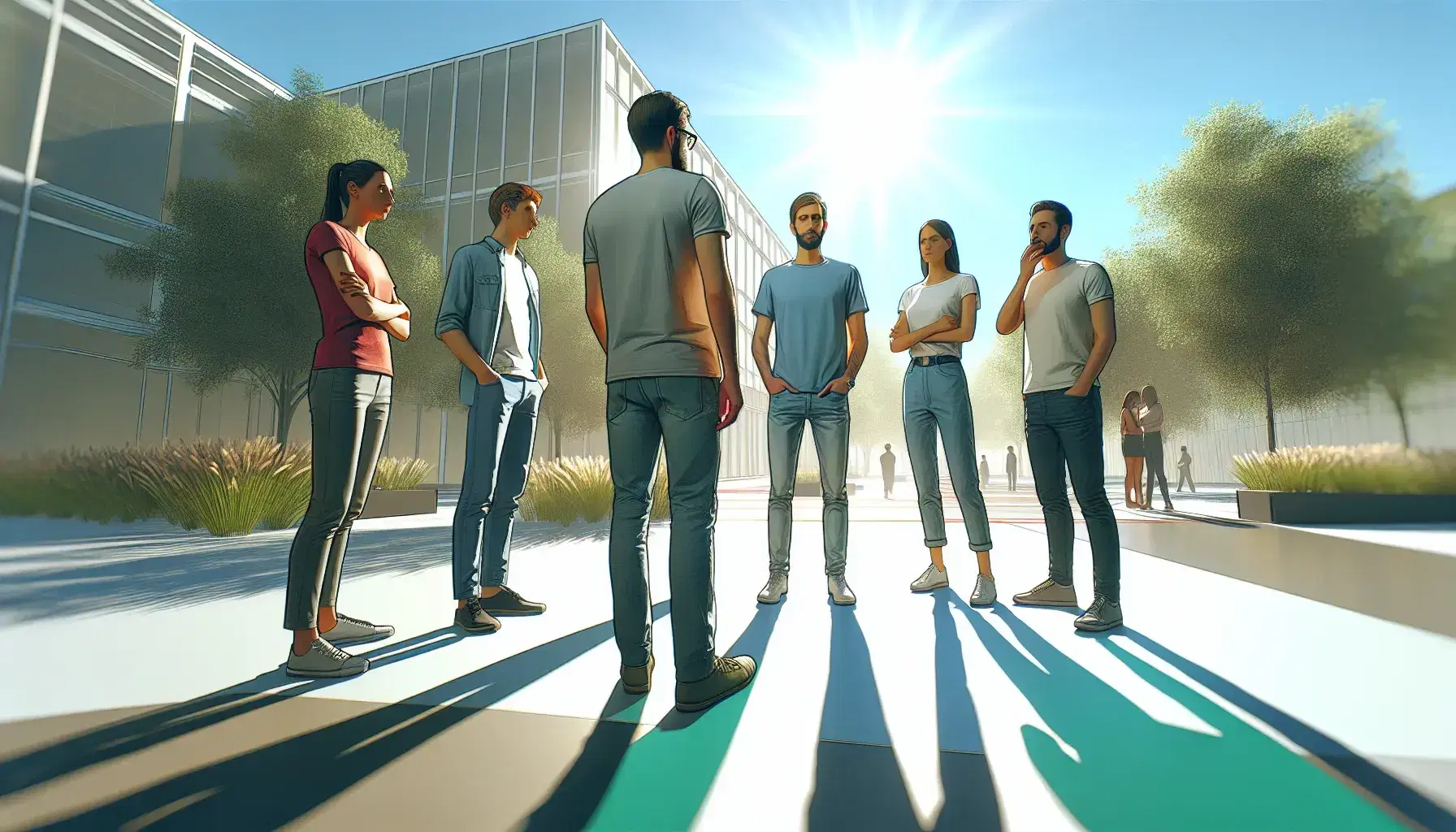 Grupo diverso de cinco personas en conversación en un parque soleado, con una persona apartada en reflexión, rodeados de árboles y cielo azul.