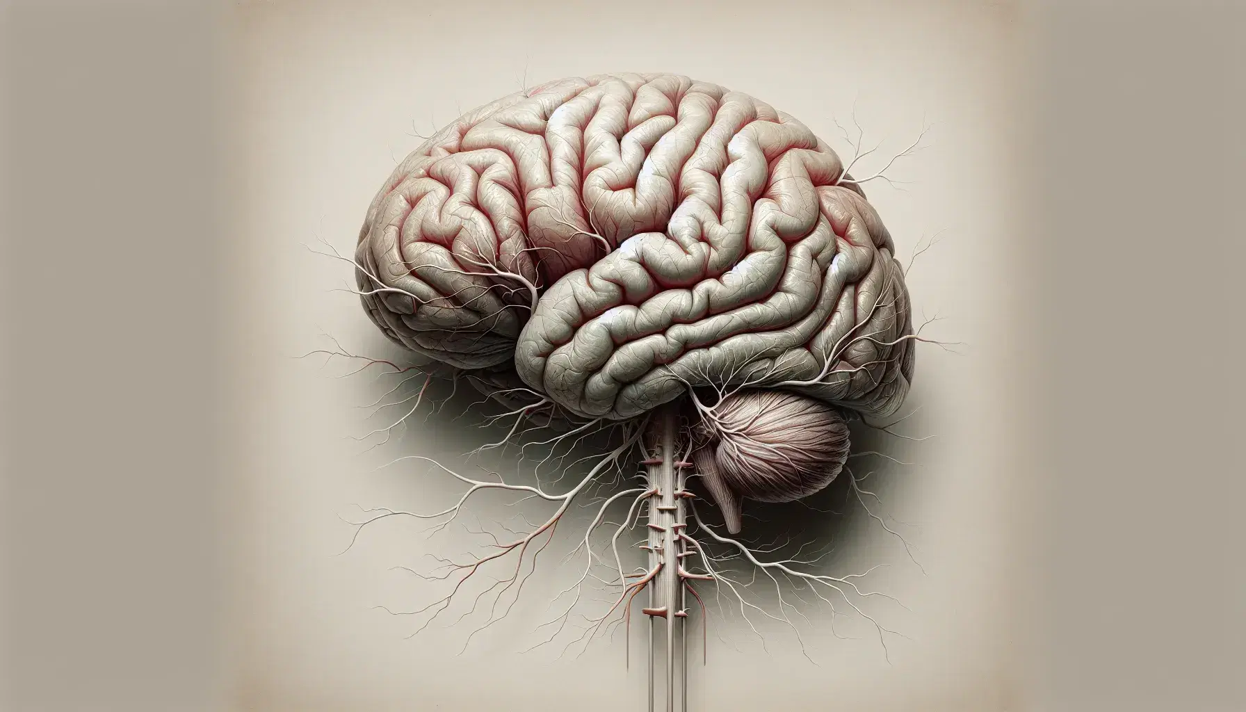 Vista lateral del cerebro humano con textura de surcos y giros, médula espinal y red de nervios a los lados, junto a un ojo detallado con iris y músculos.