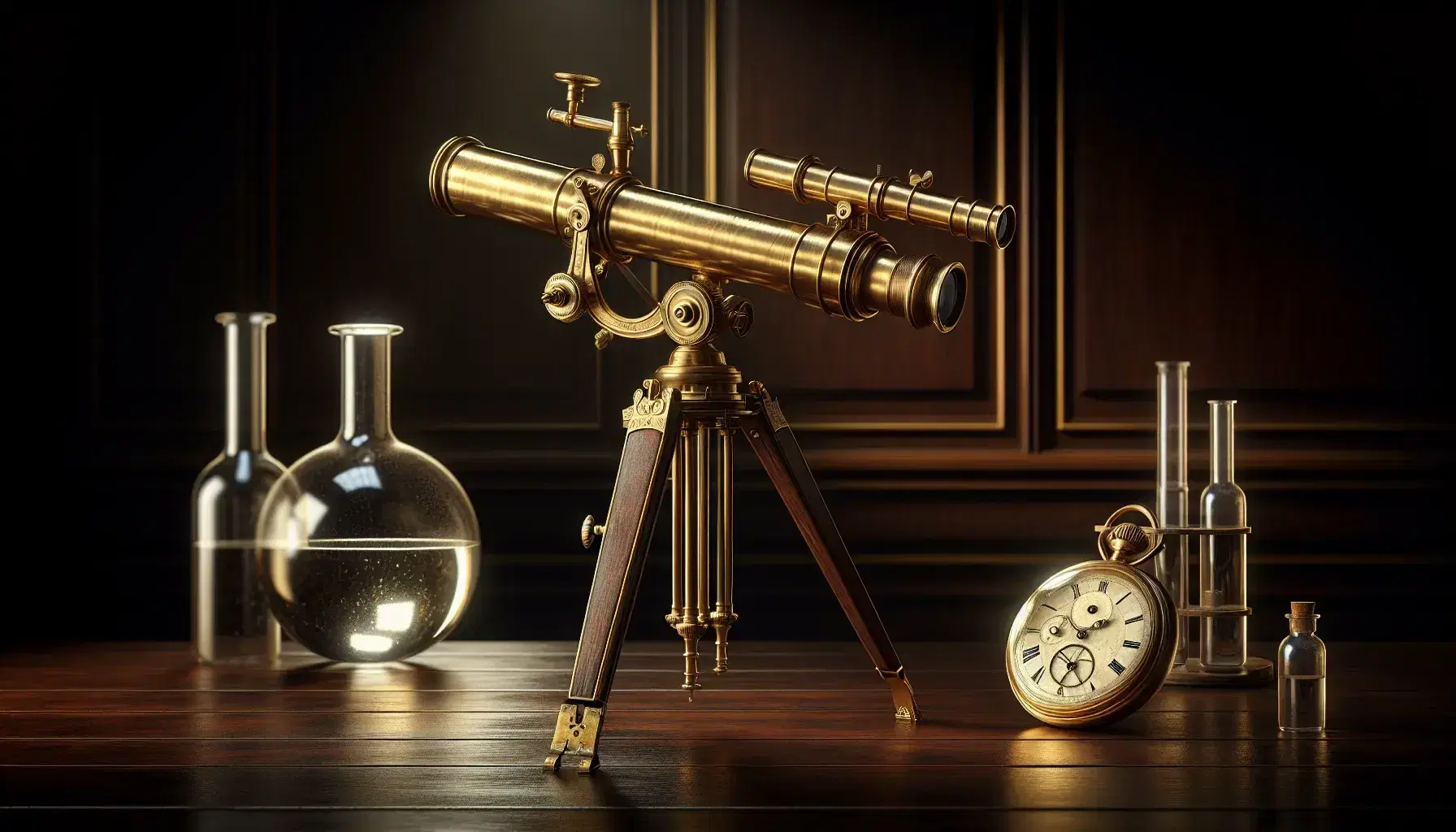 Vintage brass telescope on wooden tripod with golden pocket watch and glass flask on dark wooden floor and mahogany background.