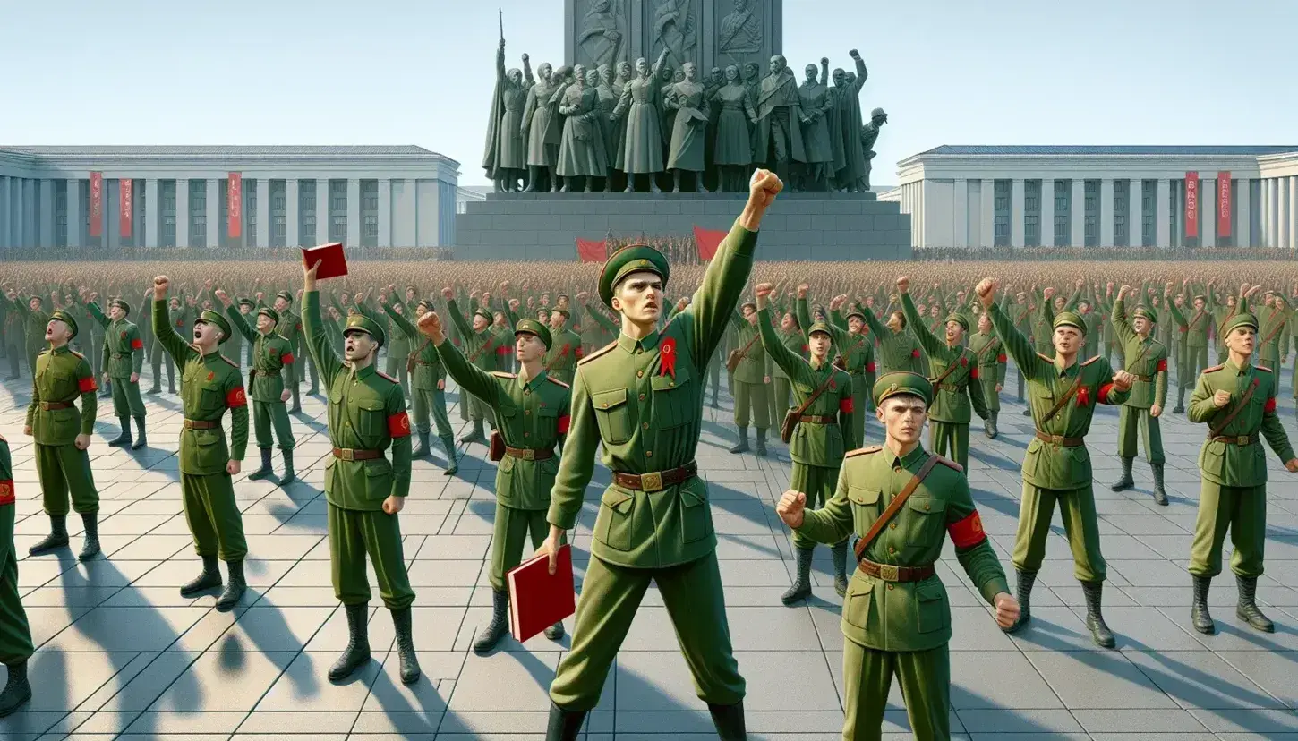 Young man in green military uniform with red armband passionately raises a red book among a fervent crowd in a sunlit square, with a stoic statue in the background.