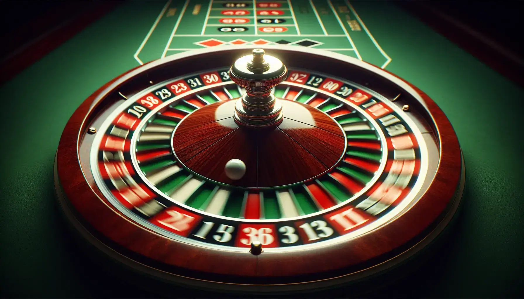 Close-up of a classic roulette wheel in motion with a blurry ball, alternating red and black sectors and a green one with zero.