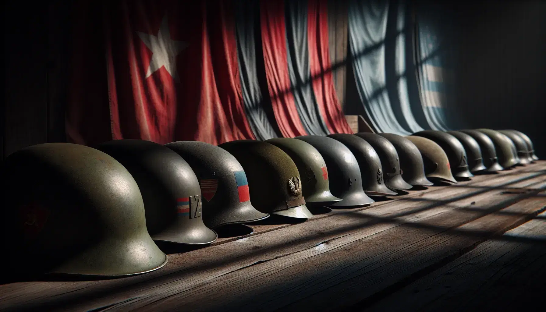Fila de cascos militares de la Segunda Guerra Mundial sobre superficie de madera desgastada, con fondo de bandera bicolor roja y azul, simbolizando la división del mundo en la Guerra Fría.