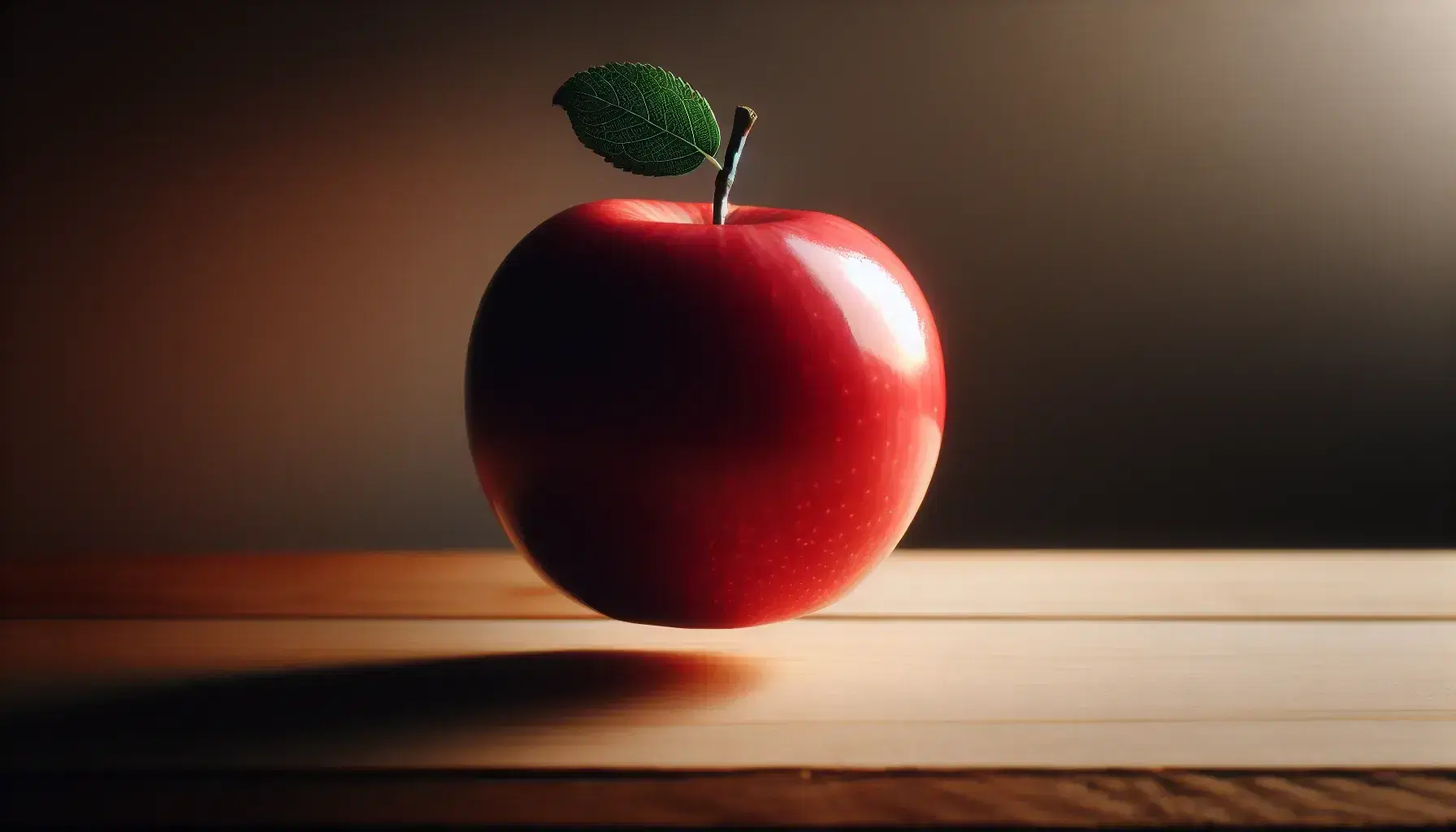Manzana roja brillante con hoja verde suspendida en el aire a punto de caer sobre una superficie de madera clara, reflejando suavemente la luz ambiental.