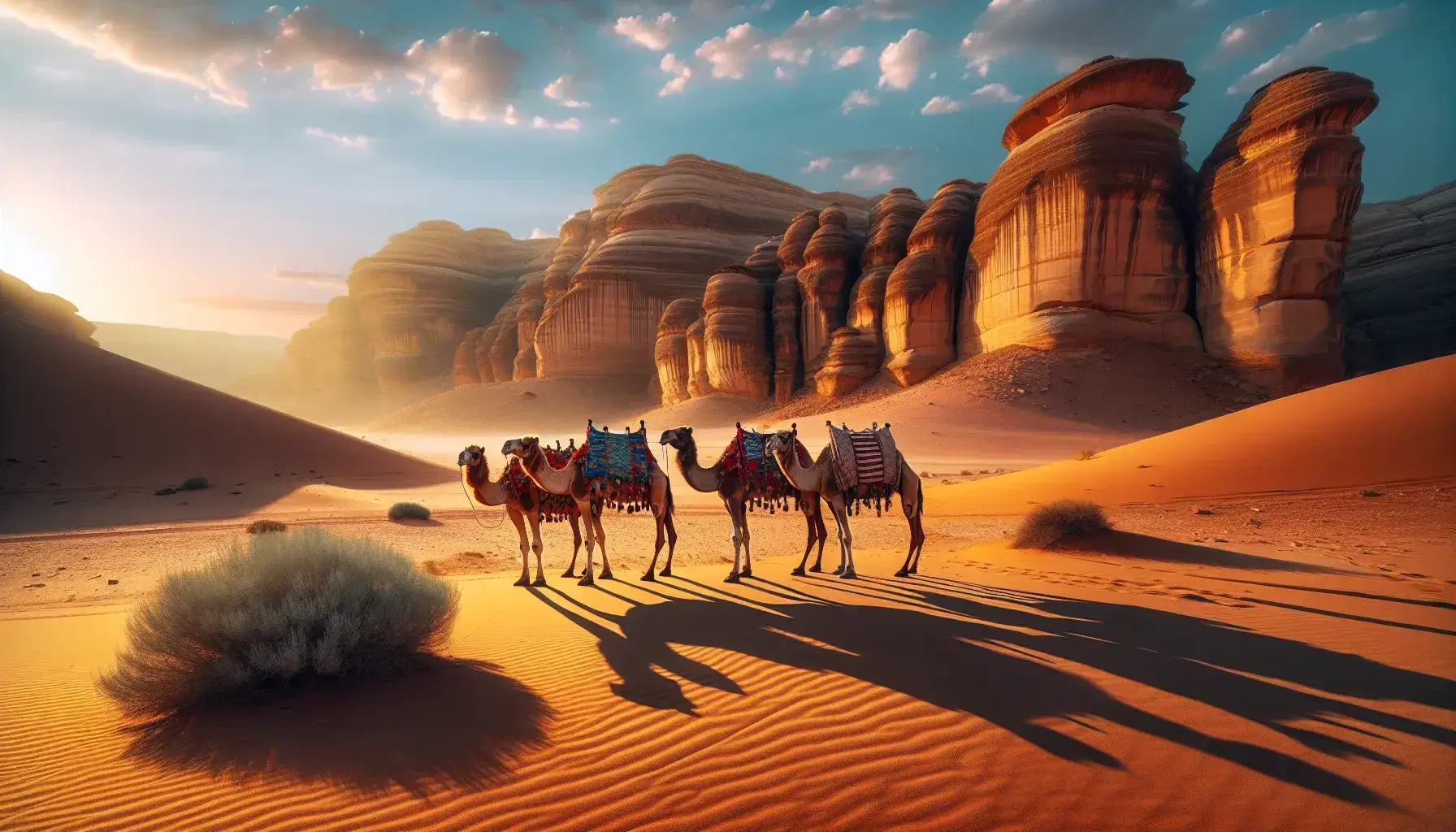 Tre cammelli carichi di coperte colorate in un paesaggio desertico con formazioni rocciose e tende sfumate sullo sfondo.