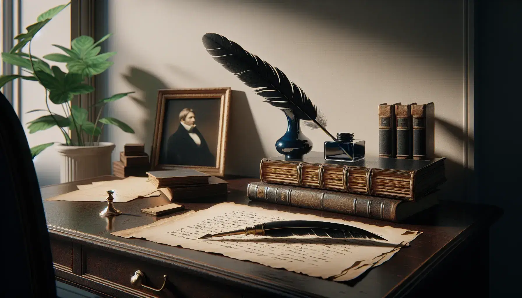 Scrivania in legno scuro con libro antico, calamaio blu, penna d'oca e ritratto in bianco e nero sullo sfondo.