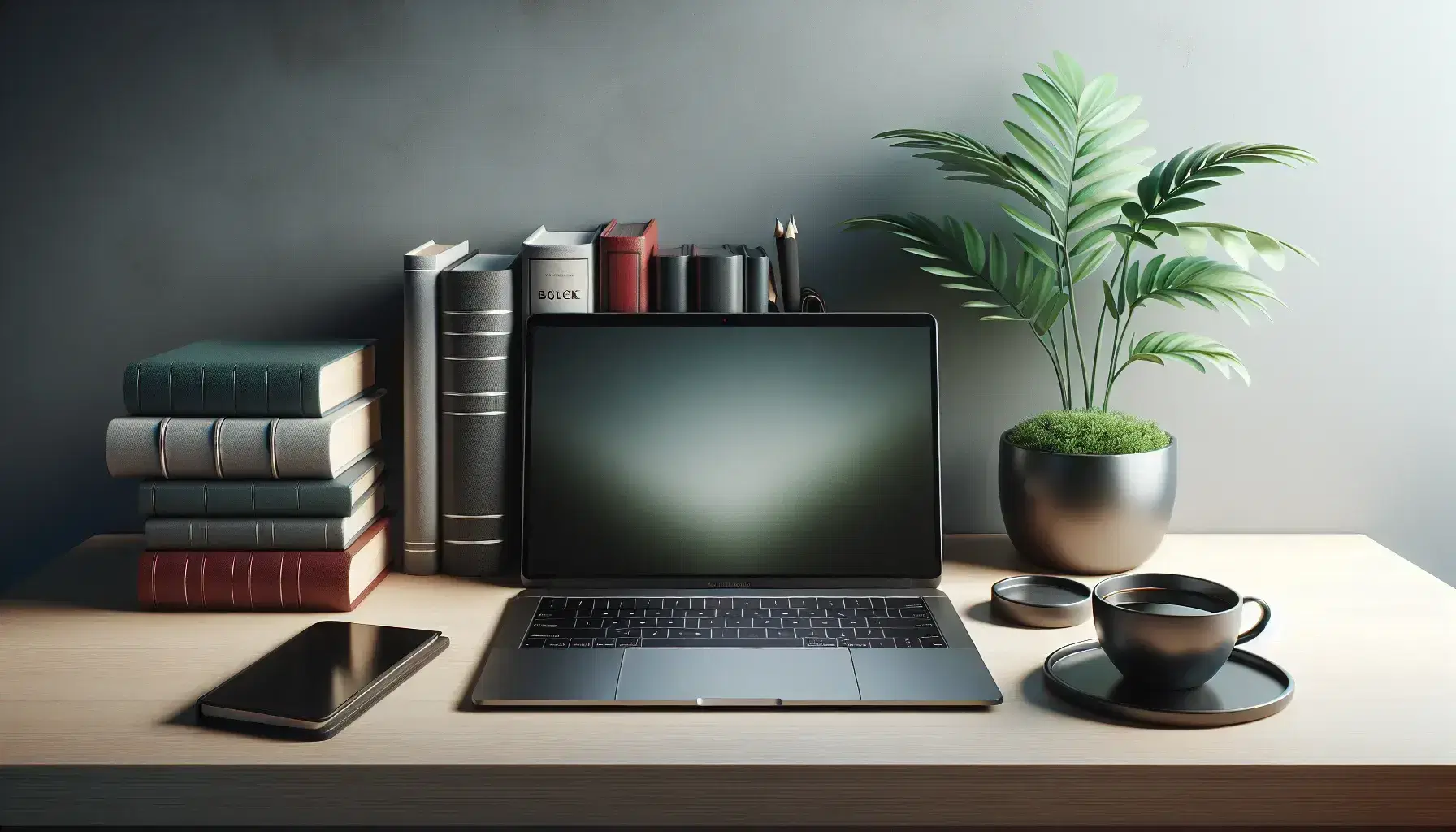 Tidy desk with modern laptop, green plant, cup of black coffee and hardback books with no titles visible on blurred background.