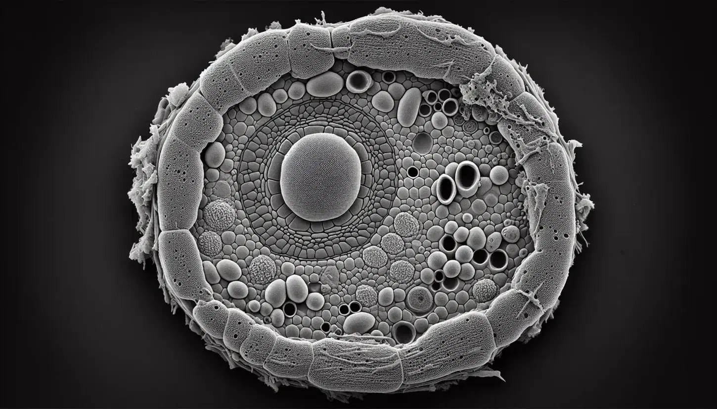 Micrografia TEM ad alta risoluzione di una sezione trasversale di cellula vegetale con nucleo, perossisomi, lisosomi, membrana cellulare e parete cellulare visibili.