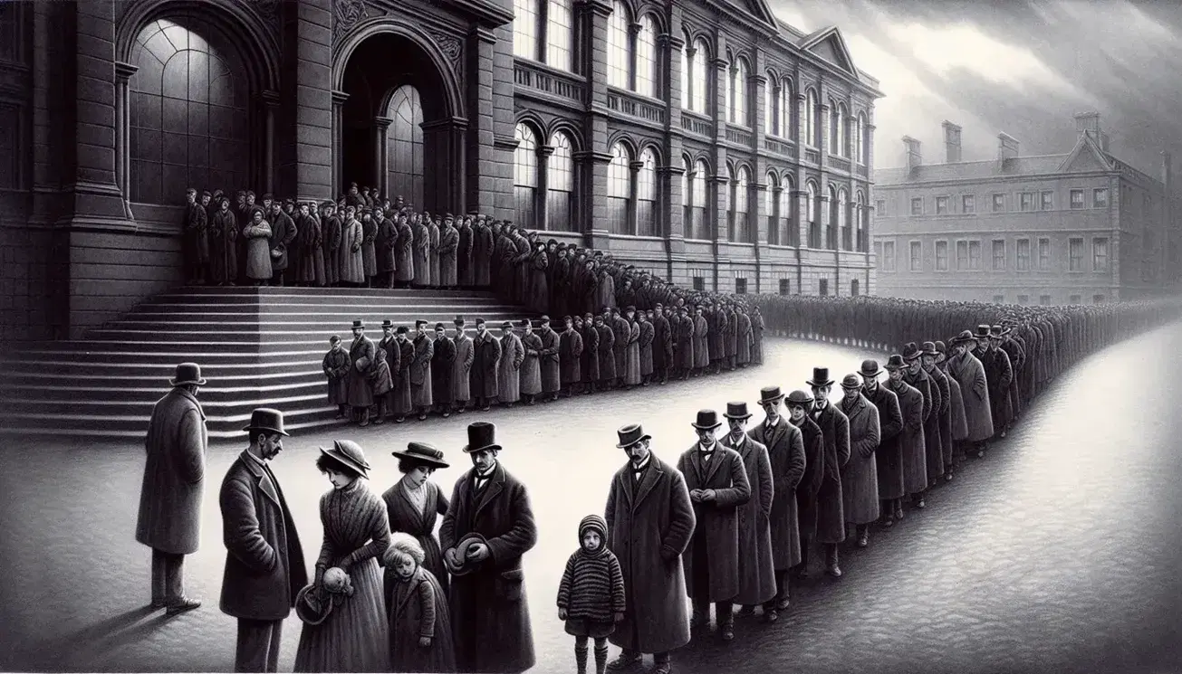 Queue of people in vintage clothing outside a classical building, reflecting early 20th-century life with a somber mood under a cloudy sky.
