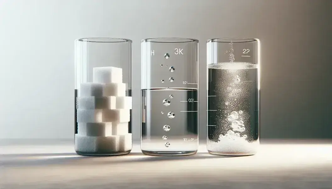 Tres recipientes de vidrio transparente con sustancias en estados de la materia: sólido en cubos blancos, líquido claro a la mitad y gas con burbujas ascendentes.
