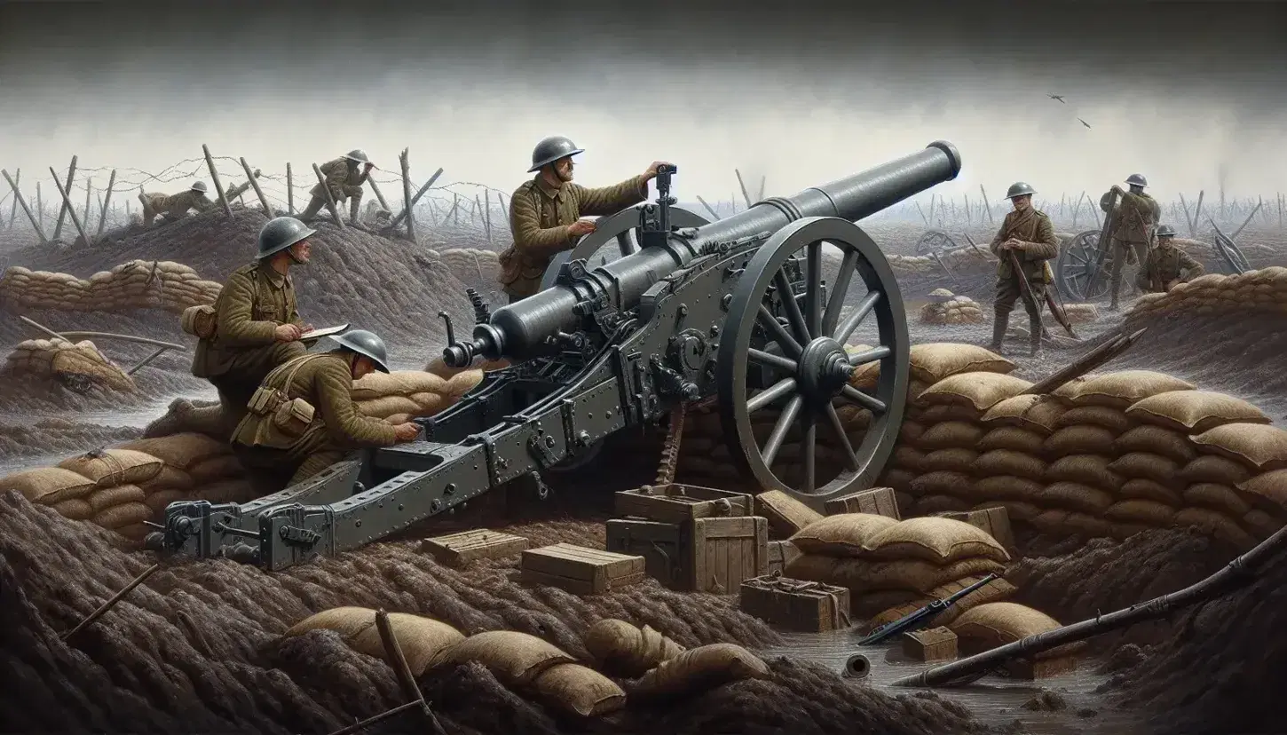 Cannone della Prima Guerra Mondiale su piattaforma di legno con soldati, sacchi di sabbia, filo spinato e alberi danneggiati sullo sfondo.