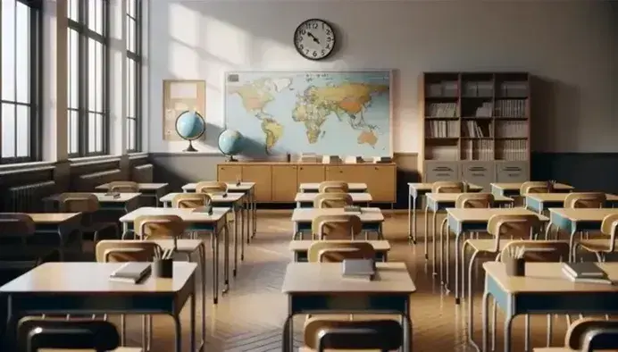 Aula escolar iluminada con mesas de madera y sillas azules, globo terráqueo en primer plano, pizarra blanca y estantería con libros sin títulos visibles.