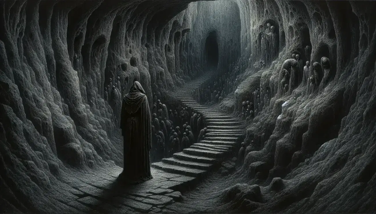 Figura umana in abiti medievali osserva un sentiero di scale nella penombra di una caverna, con figure sfocate e stalattiti.