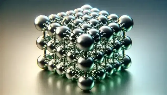 Detailed 3D model of sodium chloride crystal, with silver spheres for Na and green spheres for Cl in cubic structure on gray gradient background.