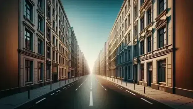 Calle estrecha y recta con edificios de distintos estilos a los lados bajo un cielo azul degradado, sin personas ni vehículos, destacando la perspectiva lineal.