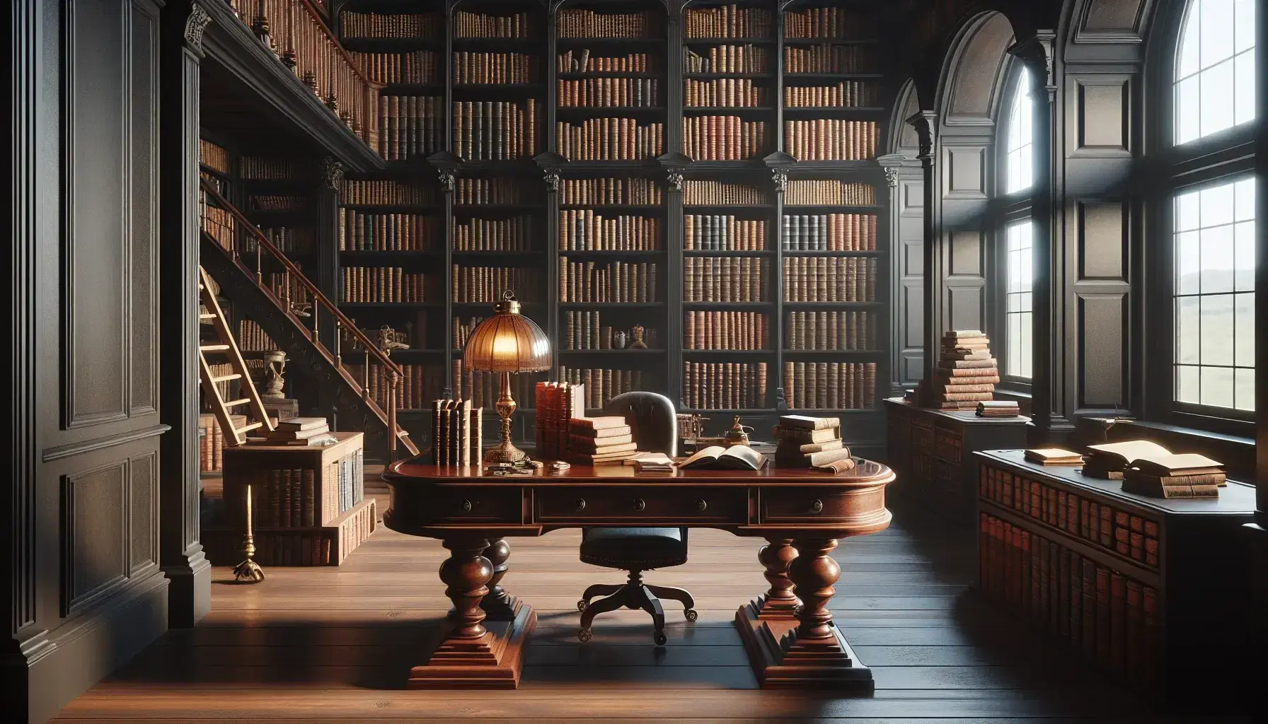 Biblioteca antica con scrivania in legno scuro, libri rilegati, lampada d'epoca e scaffali colmi di volumi, vicino a una finestra ad arco.