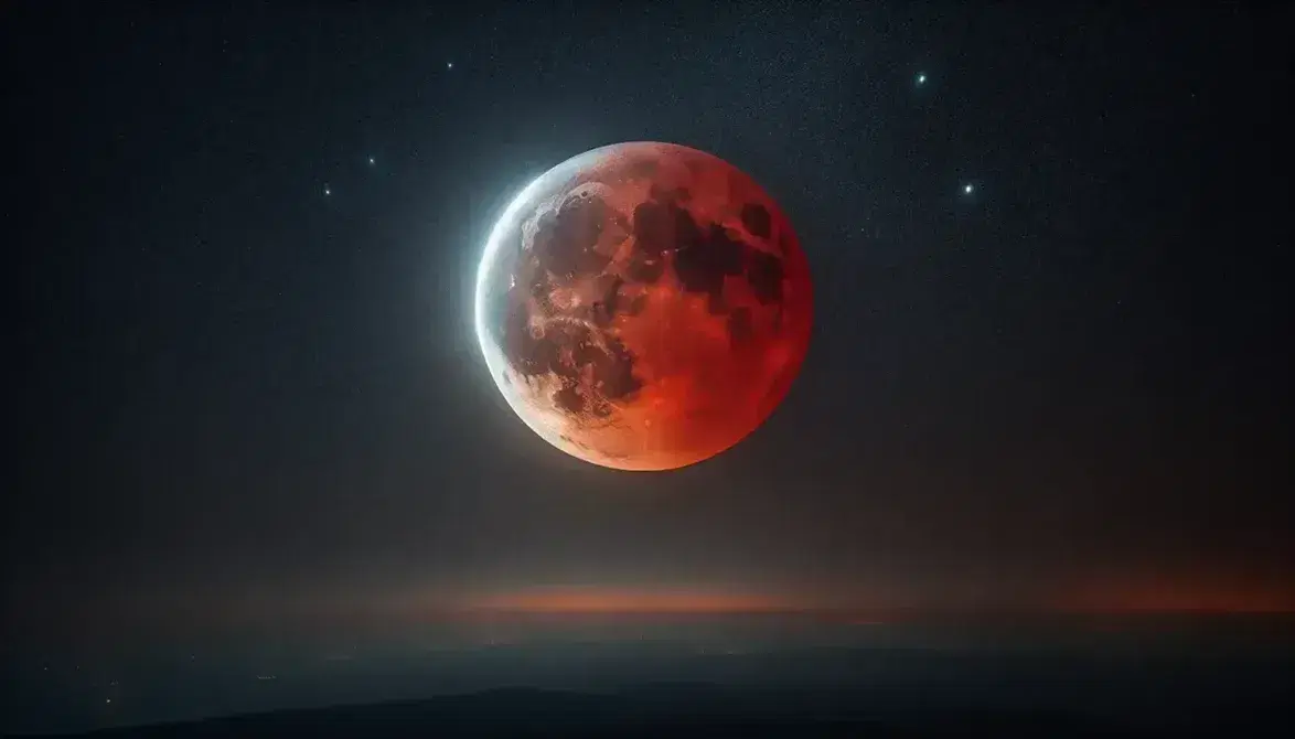 Eclissi lunare totale con luna rossastra in primo piano su sfondo stellato e orizzonte scuro senza nubi o disturbi visivi.