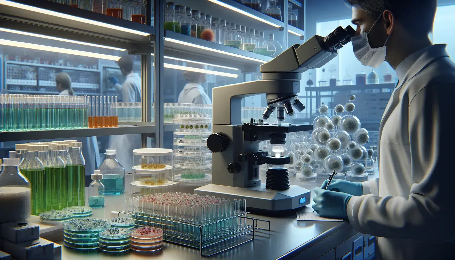Laboratorio di microbiologia con tecnico che osserva campioni al microscopio elettronico, provette colorate e piastre di Petri con colonie batteriche.