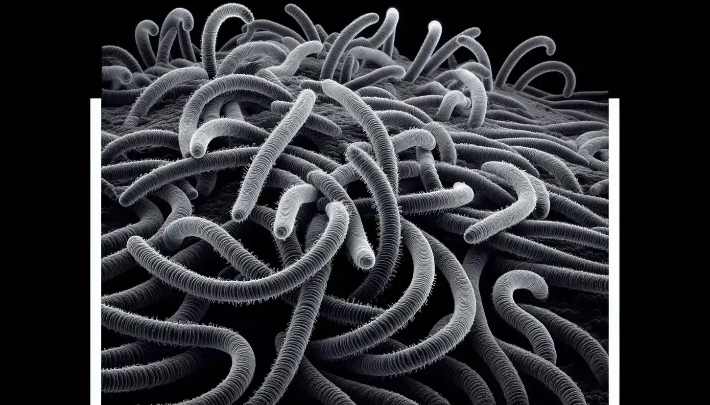 High-resolution dark-field microscopy slide showcasing a cluster of helically coiled spirochaete bacteria against a stark black background.