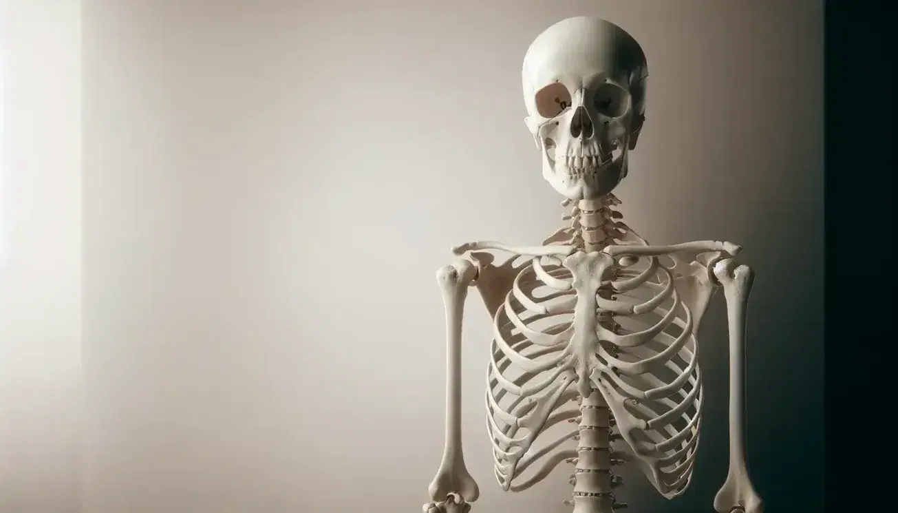 Modello anatomico dettagliato di scheletro umano in posizione eretta su sfondo grigio chiaro senza distrazioni visive.