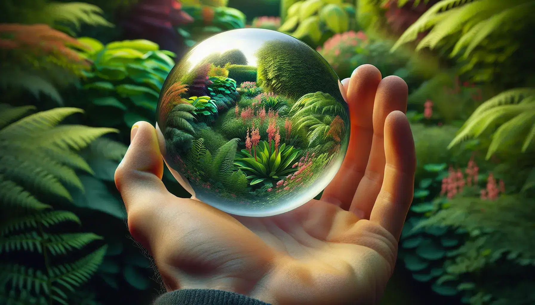 Hand holding a glass sphere with an inverted and magnified view of a vibrant garden, showcasing the refraction effects on the lush greenery.