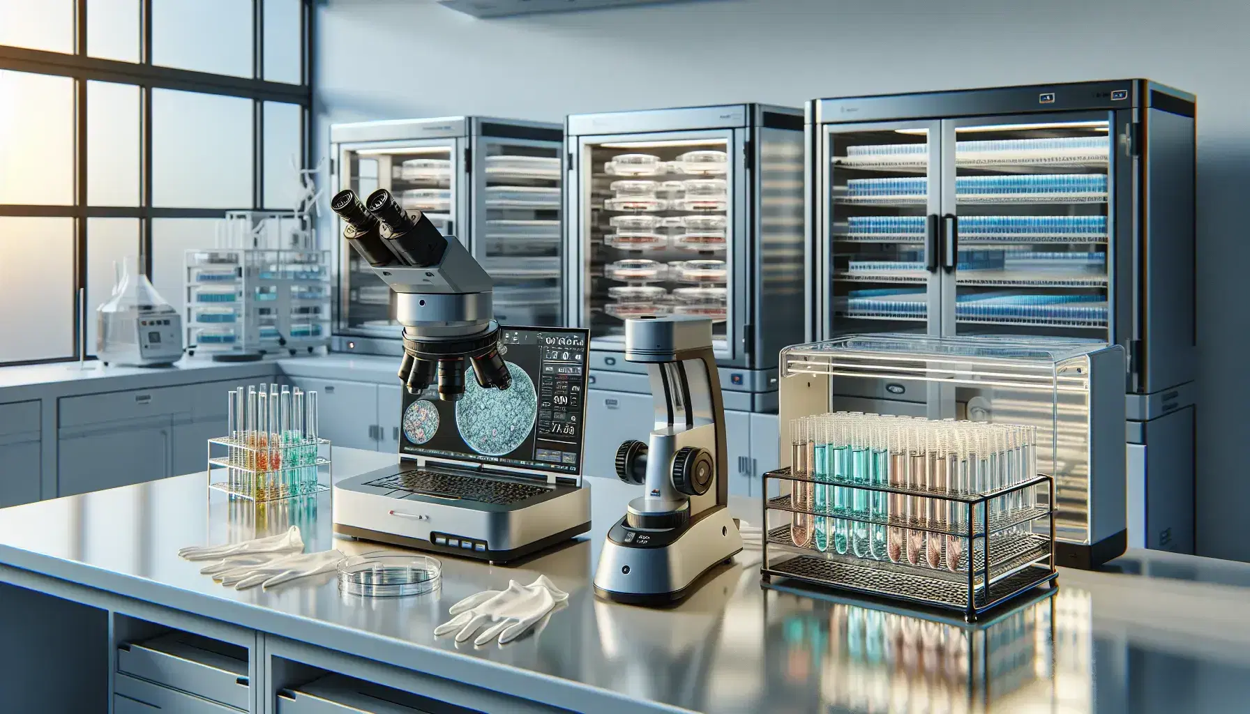 Laboratorio di genetica moderno con microscopio elettronico, provette colorate, incubatrici per colture cellulari e laptop con sequenziatore DNA.