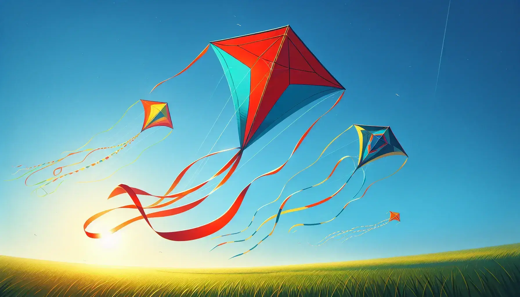 Three colorful kites—a red diamond, a yellow triangle, and a blue crescent—soar in a clear blue sky above lush green grass, connected by thin strings.
