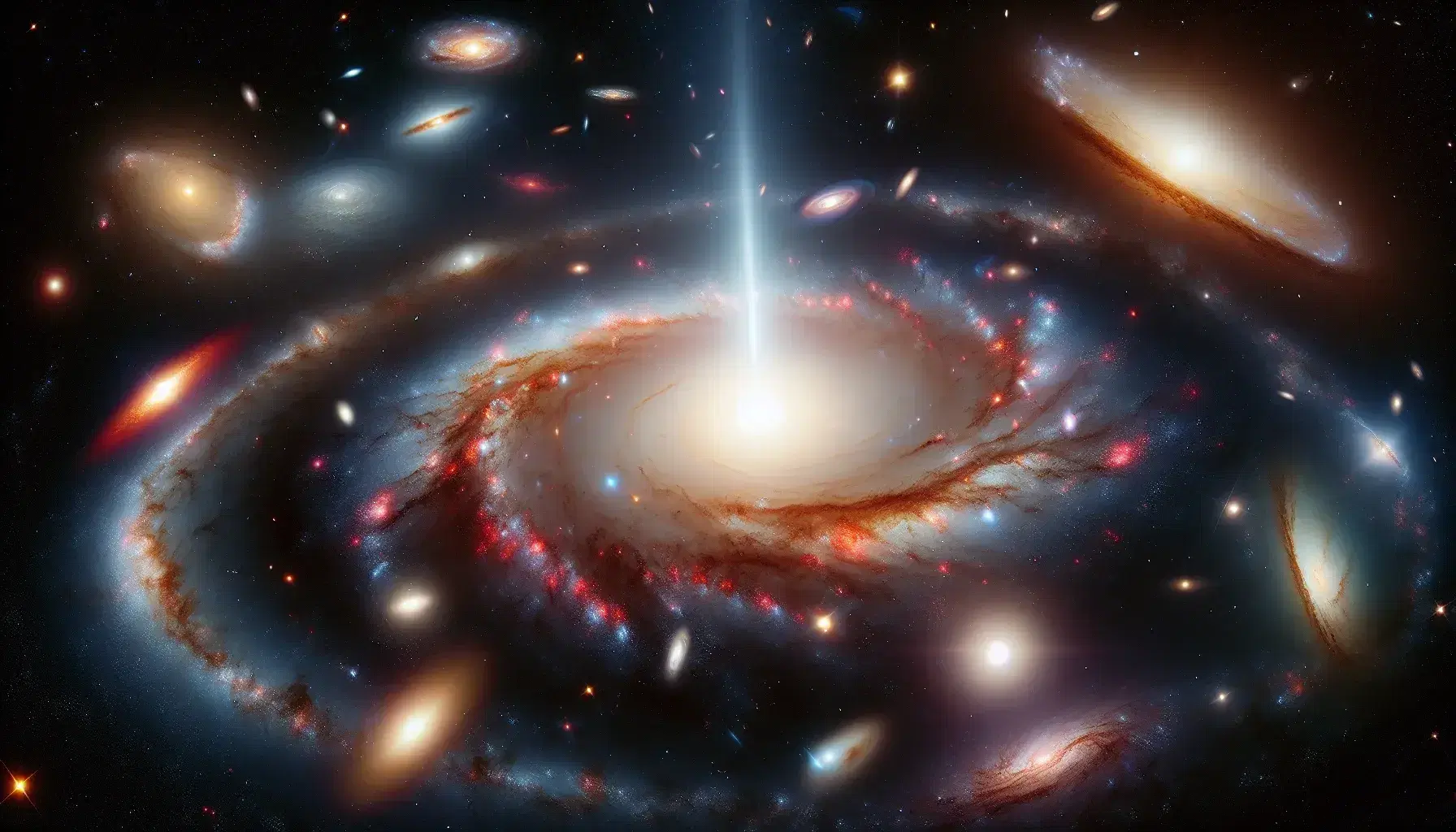 Bright quasar with swirling accretion disk at center, surrounded by spiral and elliptical galaxies against a star-speckled deep space backdrop.