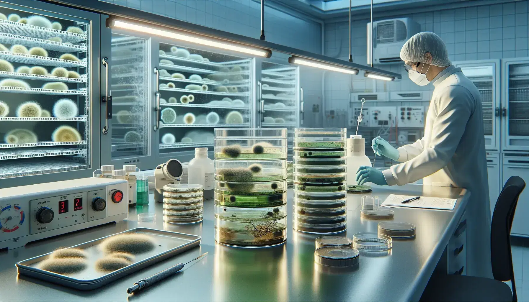 Laboratory technician transfers fungal culture in petri dish under HEPA filter, with incubator housing various mold samples in background.