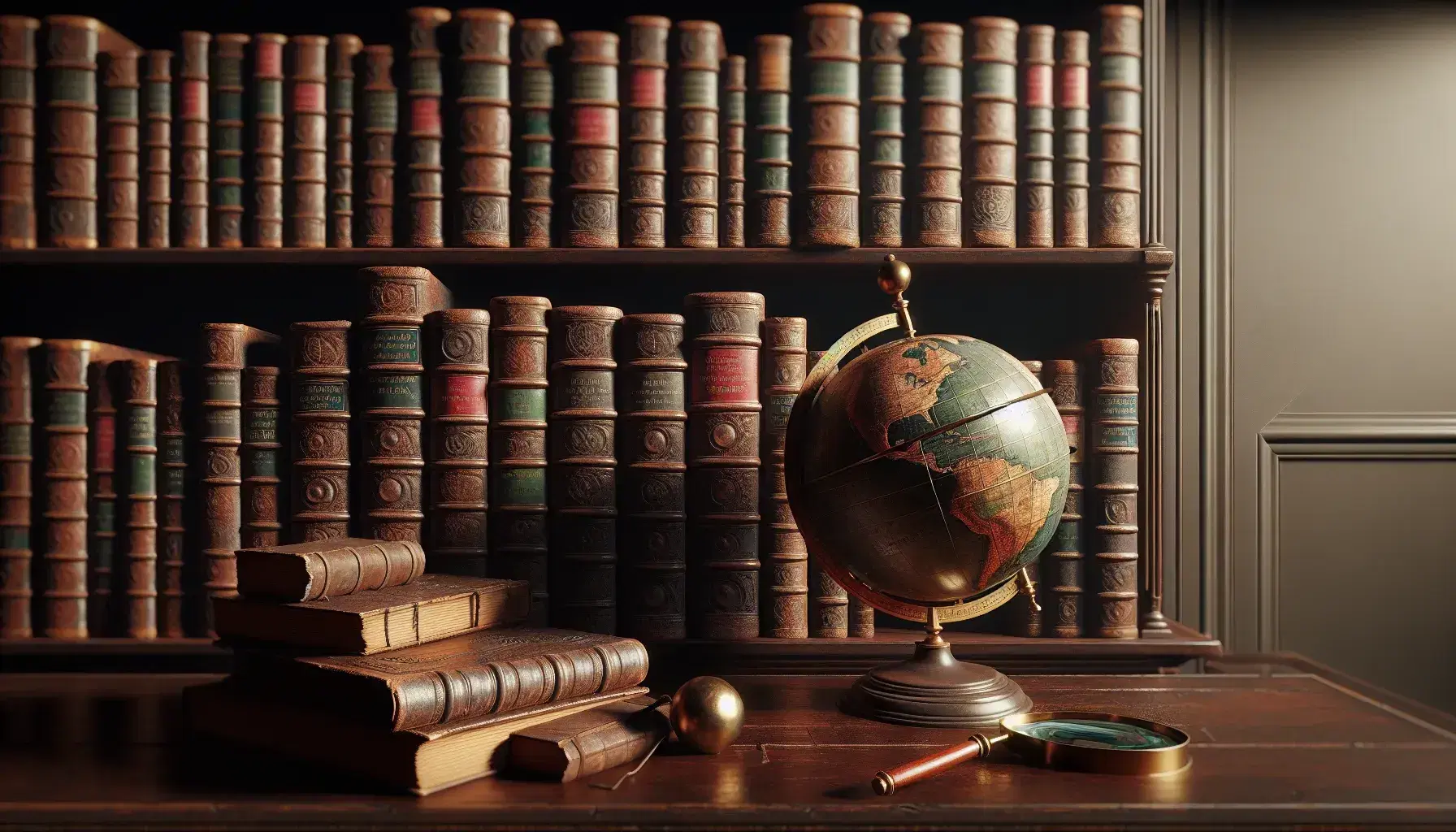 Estantería de madera oscura con libros antiguos de lomo de cuero y mesa con globo terráqueo antiguo y lupa, bajo una luz suave.