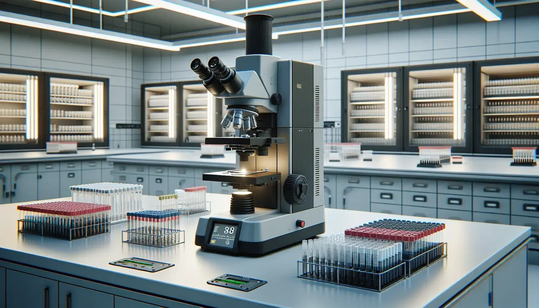 Laboratorio di ricerca genetica con microscopio elettronico grigio scuro al centro, tubi da laboratorio e pipette su tavolo bianco, illuminazione a fluorescenza.